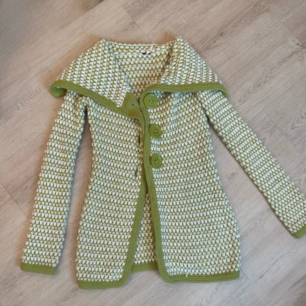 Free People Green Knit Crochet Vintage Style Jacket Sweater